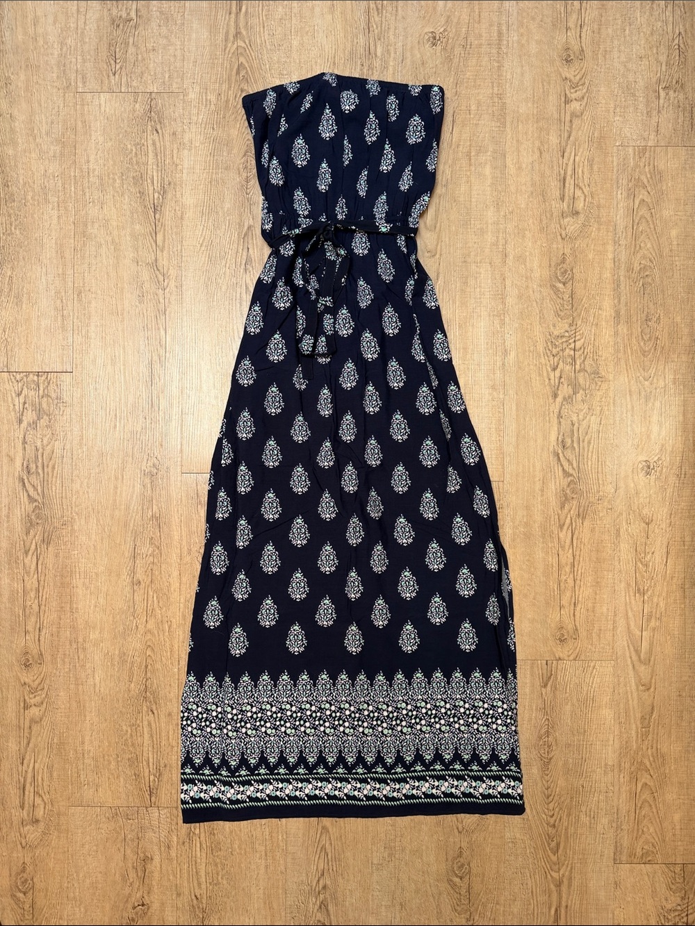 Old Navy Navy Strapless Printed Maxi with Tie Waist and Border Hem